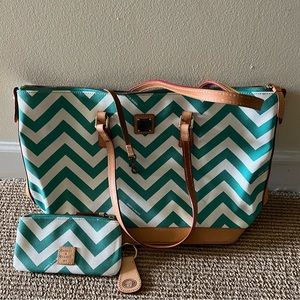 Dooney & Bourke Teal and White Chevron Tote with Tan Trim and Pouch